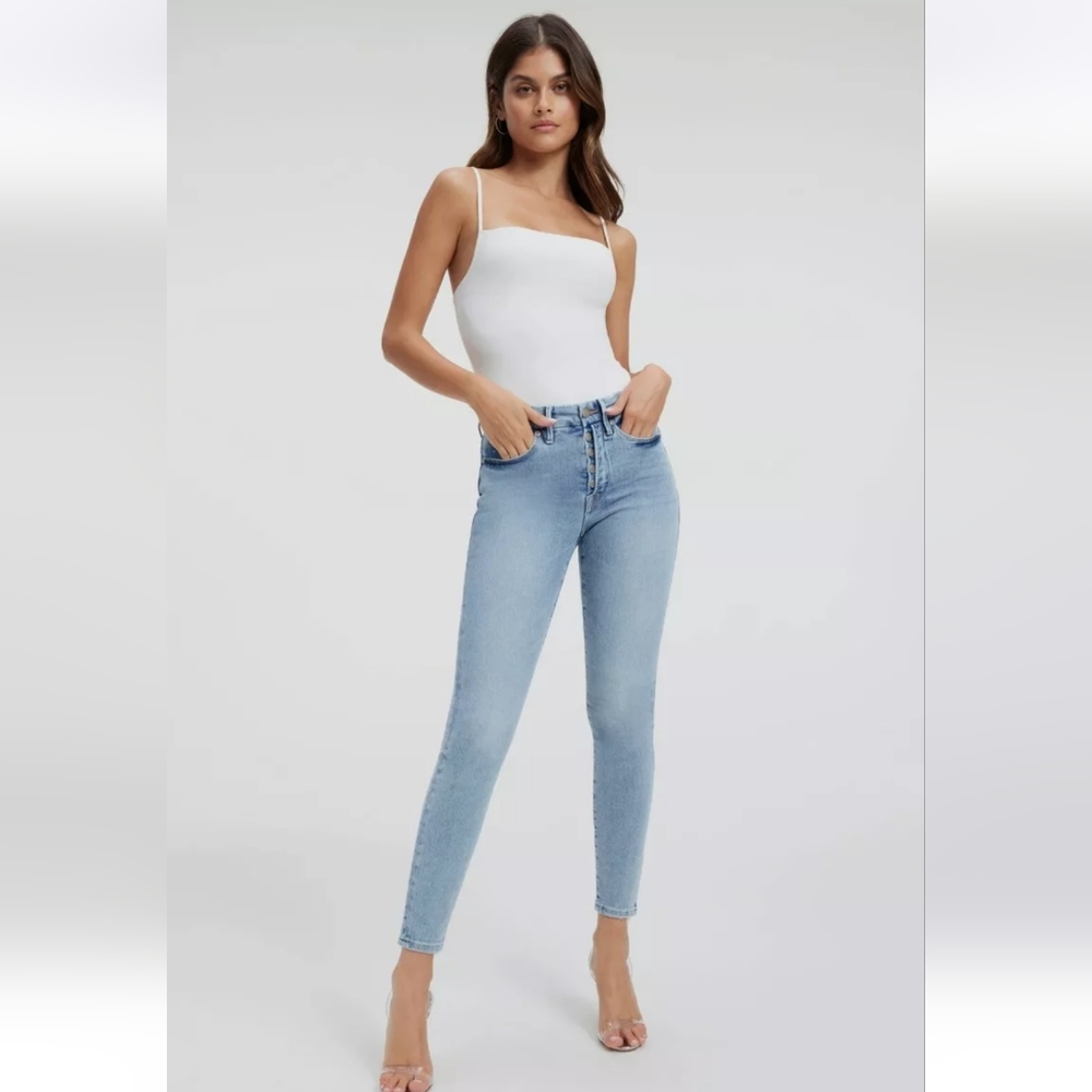 BNWTO Good American Blue Denim Good Legs Button Fly Ankle Skinny Jeans in Indigo